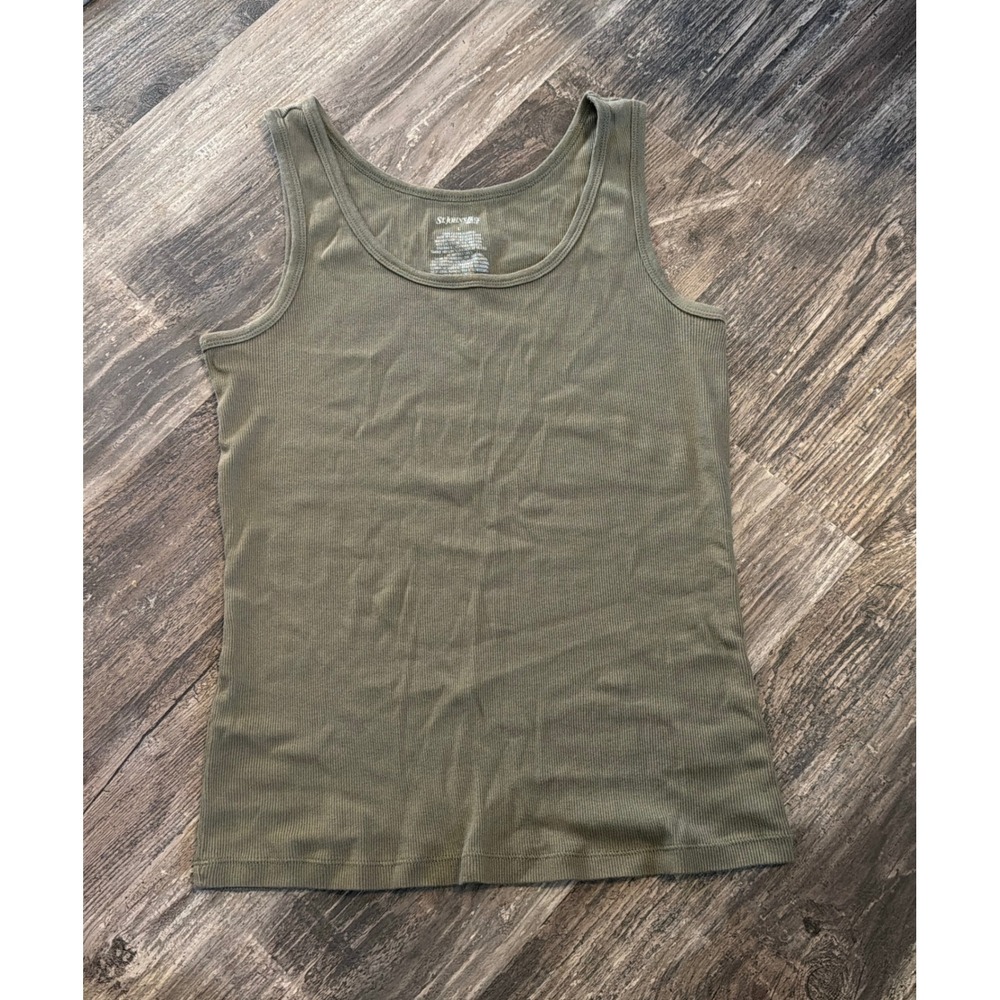 St Johns Bay Womens Ribbed Tank Top Olive Green Cotton Vintage Y2K Large